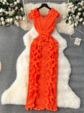 Ruffles Sleeveless Maxi Dress Women Solid O Neck Elastic Waist Fashion 2024 Ladies Summer Slim Evening Dresses