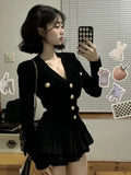 Purpdrank Korean Fashion V-nck Long Sleeve Black Knitted Cardigan+ Y2k E-Girl High Waist Ruched Short Skirts 2025 New Two Piece Sets