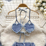 Hotsweet Casual Sexy Women's Denim Set Halter Strap Love Backless Bra Crop Top And Hollow Shorts Two-Piece Set Lingerie Pajamas