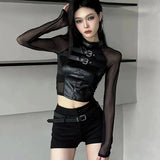 Purpdrank Harajuku Sexy Crop Top Black Leather T-shirts 2025 Autumn New Slim Fit Tee Shirt Y2k E-Girl Long Sleeve Mesh Tops Women