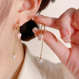 2024 New Korean Elegant Irregular Pink Tulip Long Tassel Earrings For Women Fashion Imitation Pearl Jewelry Gifts