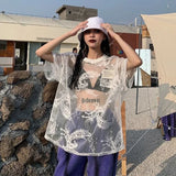 Purpdrank Japanese O-neck Oversize Tee Shirt Summer Sexy See Through Mesh Lace T-shirt Y2k E-Girl Short Sleeve Bottoming Tops Women