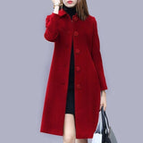 Purpdrank Autumn/Winter Elegant Office Lady Thin&Thick Woolen Coat Women Chic All-Match Solid Straight Mid-Length Windbreaker With Pocket