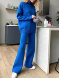 2 Pieces Blue Women Sets Knitted Tracksuit Turtleneck Sweater and Straight Jogging Pants Suits