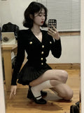 Purpdrank Korean Fashion V-nck Long Sleeve Black Knitted Cardigan+ Y2k E-Girl High Waist Ruched Short Skirts 2025 New Two Piece Sets