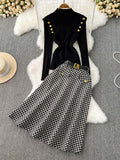 Purpdrank - 2023 New Winter Fashion Suit Women's Half High Collar Gold Buttons Knit Sweater Top +Letter Sashes Houndstooth Check Wool Skirt