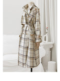 Purpdrank - Autumn Winter Long Loose Warm Plaid Wool Blends Trench Coat for Women Raglan Sleeve Belt Double Breasted Woolen Overcoat