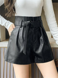 Autumn Winter Women's Faux PU Leather Shorts with Belted New High Waist Ladies Elegant Short Trousers Pocket Female