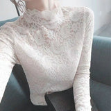 Purpdrank Autumn High Neck Lace Long Sleeve Thick & Thin Fleece Women Basic T-Shirt All-Match Elegant Trend Top Slim Sexy Sweet Underwear