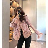 Pink Tassel Fragrant Tweed Suit Coat Female Autumn Winter New Thickened Retro Double-Breasted Women Blazers