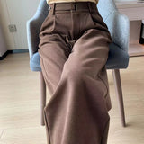 Purpdrank Autumn Winter Woolen Women's Wide Leg Pants New High Waist Button Vintage Korean Casual Loose Trousers Female