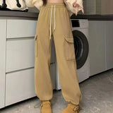 Purpdrank Autumn Winter Women Pants Elastic Waist Drawstring Large Pocket Trousers Youthful Loose Casual Sports Solid Straight Cargo Pant