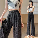 Purpdrank Party Casual Women's Long Pant Elegant Retro Drawstring Club High Street Diamond Elastic Waist Wide Leg Pants Women's Trousers