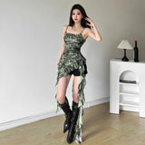 Purpdrank Camouflage Print All-match Camisole Tops Sexy Irregular Slim Fit Ruffles Tank Top 2025 Summer New Ruched Vest for Women Dress