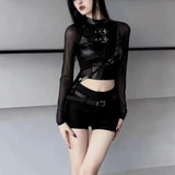 Purpdrank Harajuku Sexy Crop Top Black Leather T-shirts 2025 Autumn New Slim Fit Tee Shirt Y2k E-Girl Long Sleeve Mesh Tops Women