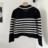 Purpdrank - 2023 Women Summer Fashion New Hollow Out Striped Polo Knitted Sweater Cardigans Coat Simple Casual Tops Female Chic