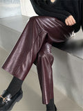 Purpdrank Autumn Winter PU Faux Leather Women's Wide Leg Pants High Waist Female Casual Loose Ankle Length Trousers New