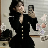 Purpdrank Korean Fashion V-nck Long Sleeve Black Knitted Cardigan+ Y2k E-Girl High Waist Ruched Short Skirts 2025 New Two Piece Sets