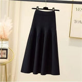 Purpdrank Women Autumn Winter Loose A-Line Midi Skirt Casual Elegant Office Lady Skirt Trendy All-Match Basic Skirt Solid Pleat Knit Skirt