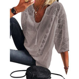 Purpdrank - Women's blouse 2023 Spring/Summer Cotton Lace Shirt Spliced U Neck 3/4 Sleeve Top Women's Solid Loose Blouse