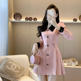 Dress Lapel Love Button Long Sleeve Slim A Line Dress Pink Tweed Women Elegant Luxury 2024 Spring Fall Korean Blazer Short Dress