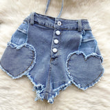 Hotsweet Casual Sexy Women's Denim Set Halter Strap Love Backless Bra Crop Top And Hollow Shorts Two-Piece Set Lingerie Pajamas