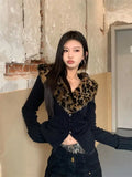 Purpdrank American V-neck Leopard Print Fur Collar Cardigan Autumn Winter New Sweaters Coat Women Y2k Slim Fit Long Sleeve Tops Mujer