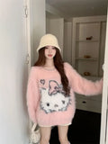 Purpdrank Cartoon Cat O-neck Lazy Sweaters Mujer 2025 Autumn Sweet Pink Knitted Pullover Y2k E-Girl Waterproof Mink Tops Women