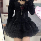 Purpdrank Elastic Gothic Ruched Lace Tutu Skirt Women Black Mesh Detail Petticoat Sexy Mini Tulle Skirts Party Club Wear Dancer