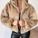 Purpdrank Rabbit Fur Imitation Fur Zipper Plush Warm Jacket Long Sleeve Short Coat Winter Women Crop Top Casual Solid New In Outwear Pink