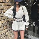 Purpdrank - korean 2 Piece Sets Womens Outfits Fashion zipper Short tops Knitted sweater and shorts two piece set Women sexy club pink suits