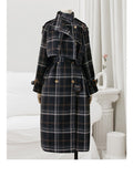 Purpdrank - Autumn Winter Long Loose Warm Plaid Wool Blends Trench Coat for Women Raglan Sleeve Belt Double Breasted Woolen Overcoat