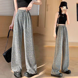 Purpdrank Party Casual Women's Long Pant Elegant Retro Drawstring Club High Street Diamond Elastic Waist Wide Leg Pants Women's Trousers