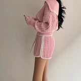 Purpdrank - korean 2 Piece Sets Womens Outfits Fashion zipper Short tops Knitted sweater and shorts two piece set Women sexy club pink suits