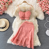 Purpdrank Summer Elegant Casual Fashion Skirts Suit Women Hallow Out Sleeveless Tanks Tops A-Line Saya Two Pieces Set Female Outfits