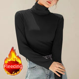 Purpdrank Women Shirt And Blouse Winter Fleecing Thickening Velvet Basic High Neck Warm Top Solid All-Match Sweet Elegant Casual T-Shirt