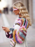 Purpdrank - Female Fashion O Neck Backless Knit Sweater Sweet Rainbow Striped Long Sleeve Short Pullover 2023 New Lady Casual Chic Knitwears