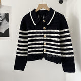 Purpdrank - 2023 Women Summer Fashion New Hollow Out Striped Polo Knitted Sweater Cardigans Coat Simple Casual Tops Female Chic