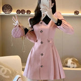 Dress Lapel Love Button Long Sleeve Slim A Line Dress Pink Tweed Women Elegant Luxury 2024 Spring Fall Korean Blazer Short Dress