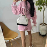 Purpdrank - korean 2 Piece Sets Womens Outfits Fashion zipper Short tops Knitted sweater and shorts two piece set Women sexy club pink suits