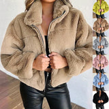 Purpdrank Rabbit Fur Imitation Fur Zipper Plush Warm Jacket Long Sleeve Short Coat Winter Women Crop Top Casual Solid New In Outwear Pink