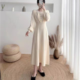 Korean Fashion O-neck Button Slim Knitted Dress Solid Color Simple Long Sleeve Long Sweater Dresses All-match Soft Dresses Women