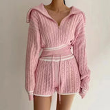 Purpdrank - korean 2 Piece Sets Womens Outfits Fashion zipper Short tops Knitted sweater and shorts two piece set Women sexy club pink suits