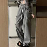 Purpdrank Autumn Winter Women Pants Elastic Waist Drawstring Large Pocket Trousers Youthful Loose Casual Sports Solid Straight Cargo Pant