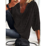 Purpdrank - Women's blouse 2023 Spring/Summer Cotton Lace Shirt Spliced U Neck 3/4 Sleeve Top Women's Solid Loose Blouse