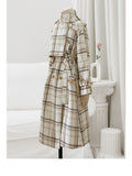 Purpdrank - Autumn Winter Long Loose Warm Plaid Wool Blends Trench Coat for Women Raglan Sleeve Belt Double Breasted Woolen Overcoat