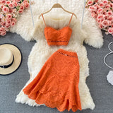 Purpdrank Summer Elegant Casual Fashion Skirts Suit Women Hallow Out Sleeveless Tanks Tops A-Line Saya Two Pieces Set Female Outfits