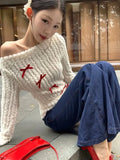 Purpdrank Bow Off Shoulder White Knitted Sweater for Women 2025 Early Autumn New Bottoming Tops Mujer Y2k Long Sleeved Pullovers T Shirts