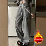 Purpdrank Autumn Winter Women Pants Elastic Waist Drawstring Large Pocket Trousers Youthful Loose Casual Sports Solid Straight Cargo Pant