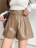 Autumn Winter Women's Faux PU Leather Shorts with Belted New High Waist Ladies Elegant Short Trousers Pocket Female